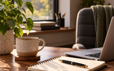 Cozy home office scene with coffee mug, spiral notebook and pen beside laptop and potted plant on wooden desk by window
