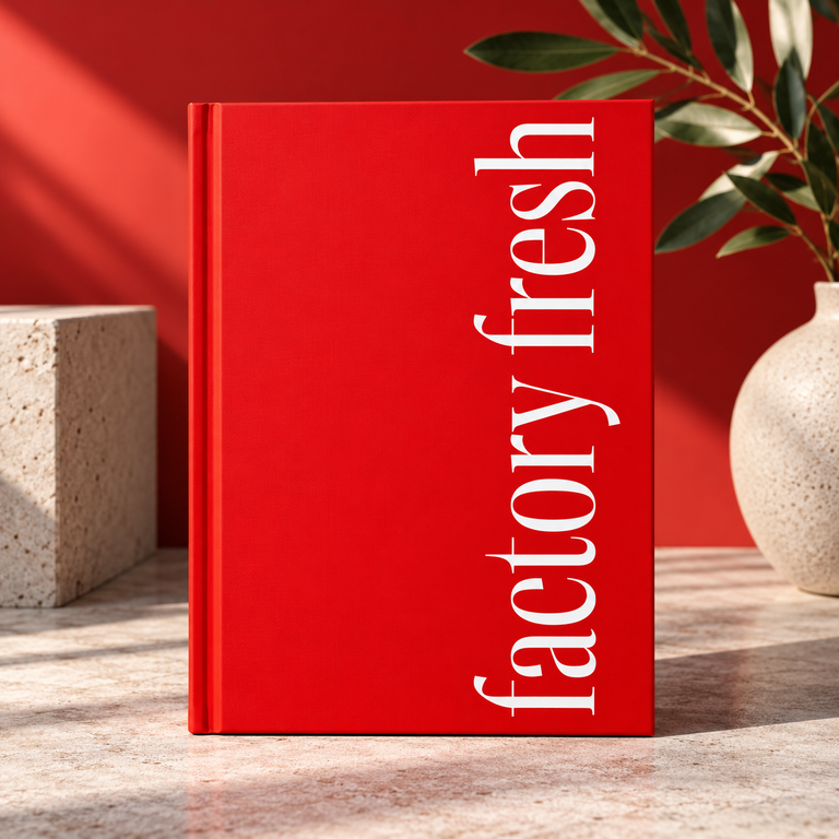 Factory Fresh red hardcover journal with vertical white "factory fresh" typography staged with stone block and vase props