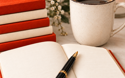 Stacked orange and cream journals beside an open notebook, black fountain pen and steaming coffee mug for writing time