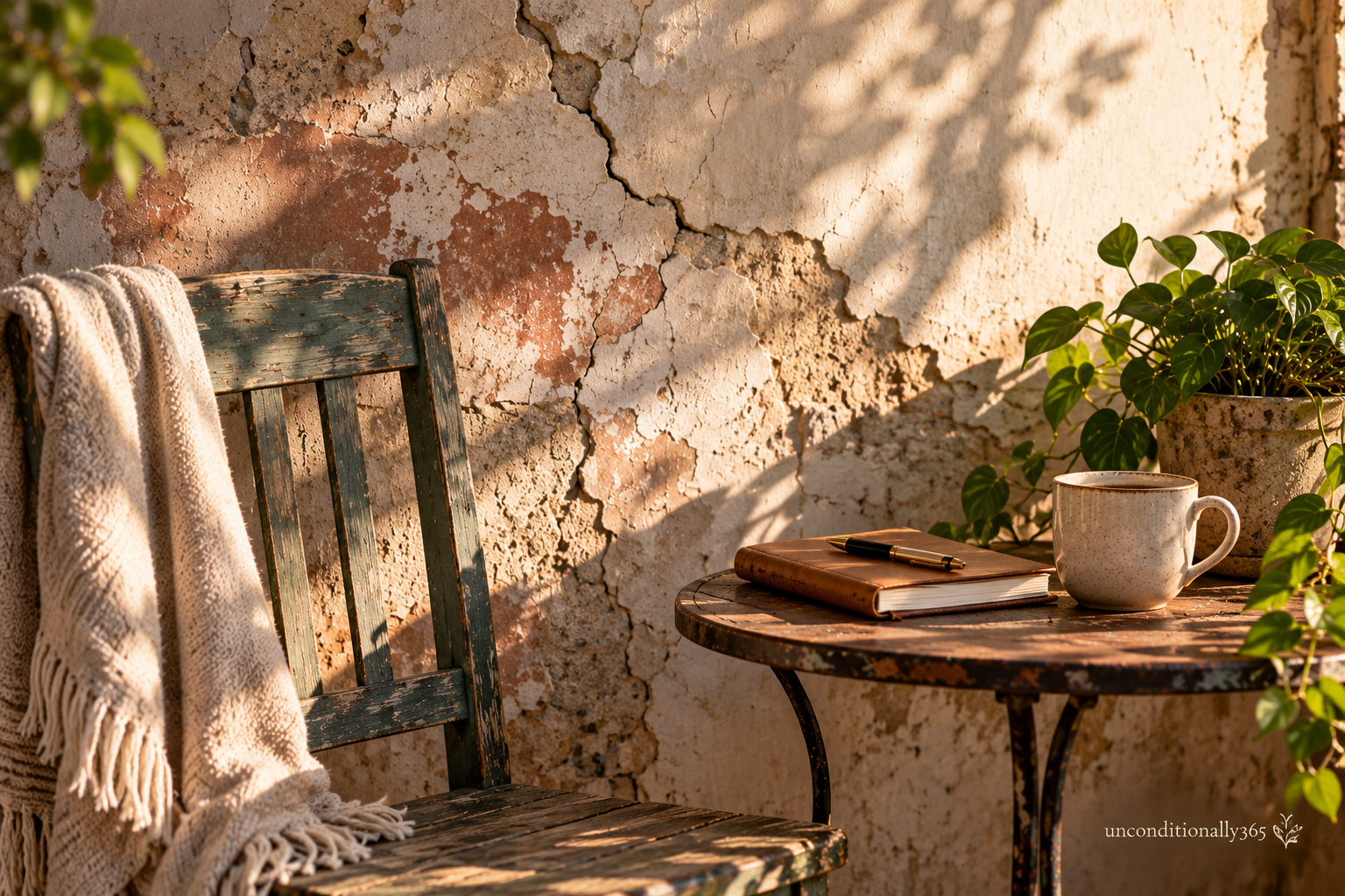 Sunlit patio scene showing cracked plaster wall, distressed wooden chair with blanket, journal and coffee cup