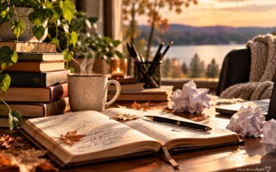 Autumn writing desk scene with open journal, fountain pen, steaming mug, stacked books and lake view