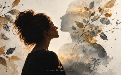 Woman in profile gazing at a translucent silhouette and botanical watercolor overlay illustrating self-belief and identity