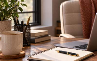 Sunlit home workspace with notebook and gold-accent pen, laptop, coffee mug and potted plant for reflective writing