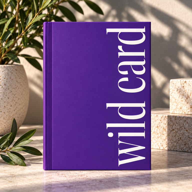 Purple Wild Card hardcover journal with bold white vertical "wild card" lettering beside potted plant and terrazzo blocks