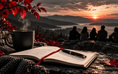 Based on Life, Love & People header: coffee steaming beside open journal and pen as friends watch a sunrise over the lake