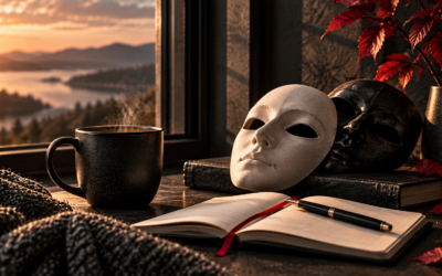 Express Not Impress blog image of steaming black mug, open notebook with pen, and white and black theatrical masks at sunset