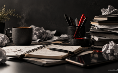 Dark moody desk scene for Finding Peace Beyond the Chaos with steaming coffee, crumpled papers, notebooks and pens