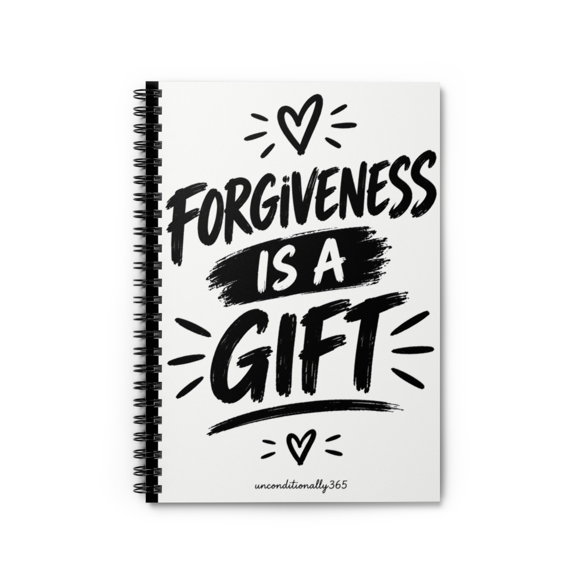 “Black and white inspirational notebook design featuring bold brush lettering that reads ‘Forgiveness Is a Gift,’ with unconditionally365 at the bottom.”