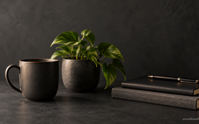 Black coffee mug and potted philodendron beside stacked journals and a pen on a dark desk for reflective blog writing