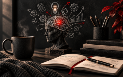 Head bust with illustrated brain, steaming mug and open notebook on desk illustrating creative planning for Master Mind Jobs