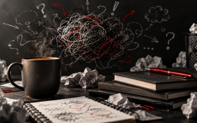 Steaming coffee on cluttered desk with crumpled papers, notebooks and chalk-drawn tangled cloud symbolizing overthinking