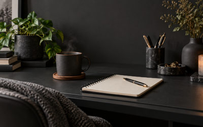 Reset and Reflect workspace: black desk with open spiral notebook, gold-accent pen, steaming coffee mug and lit candle