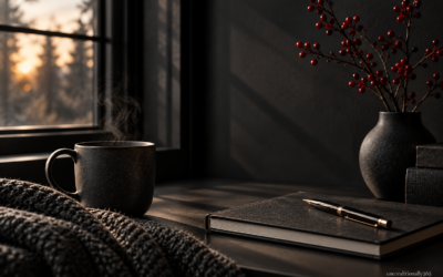 Quiet winter morning: steaming black mug, closed journal with pen, knit blanket and vase of red berries by window