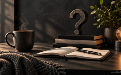 Cozy dark desk scene with steaming coffee, open journal and pen, stacked books and a question mark sculpture for reflection