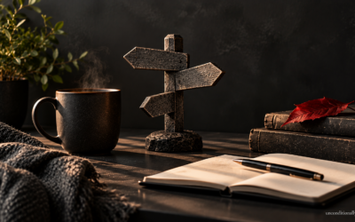 Dark desk vignette: steaming coffee mug, wooden direction sign and open journal symbolizing difficult life choices
