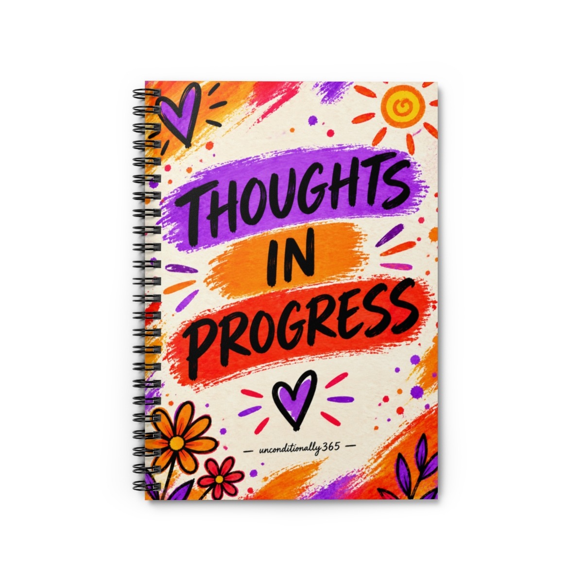 “Vibrant spiral notebook design with the words ‘Thoughts in Progress’ in bold black lettering over purple, orange, and red brushstrokes.”