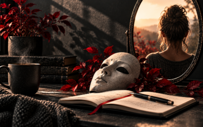 Mask and open journal with pen, steaming cup and red leaves, mirror reflecting a woman at sunset suggesting self-reflection